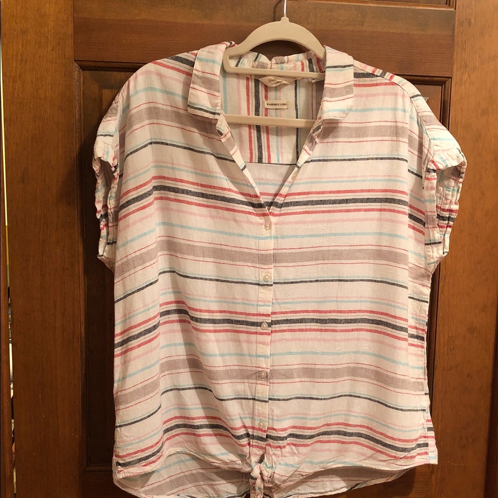 Weatherproof Linen White Button-Front Short Sleeve Top with Pink & Blue Stripes